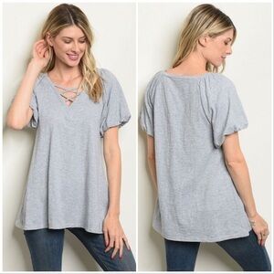 Gray V-Neck Lattice Detail Fancy Tee/Top